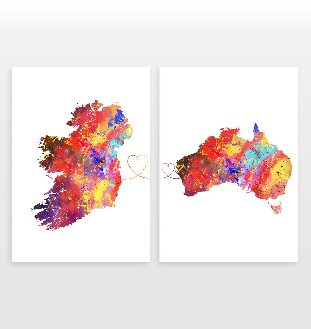 Ireland to Australia Set of 2 Map Prints Travel Art Posters Available in 6 Colours