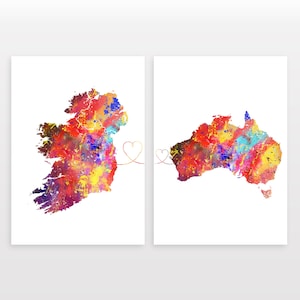 Ireland to Australia - Set of 2 - Map Prints - Travel Art Posters - Available in 6 Colours