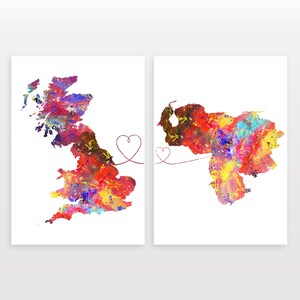 Britain to Venezuela - Set of 2 - Map Prints - Travel Art Posters - Available in 6 Colours