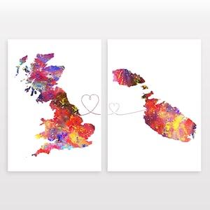 Britain to Malta - Set of 2 - Map Prints - Travel Art Posters - Available in 6 Colours