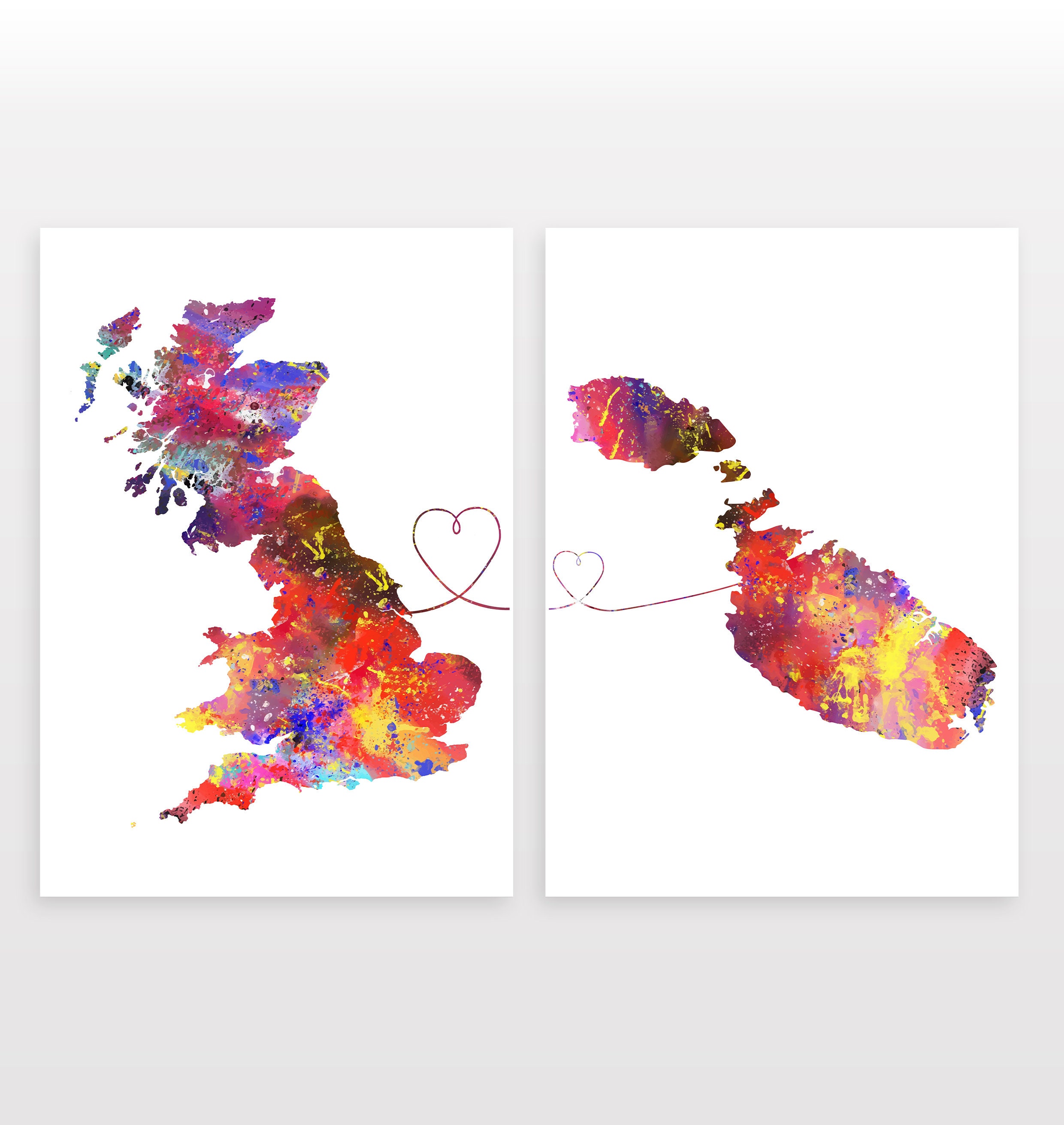 Britain to Malta - Set of 2 - Map Prints - Travel Art Posters - Available in 6 Colours