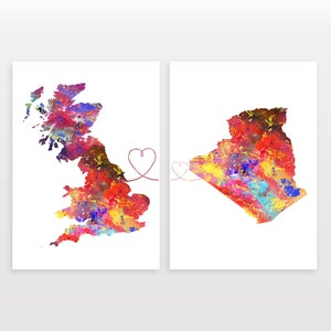 Britain to Algeria - Set of 2 - Map Prints - Travel Art Posters - Available in 6 Colours