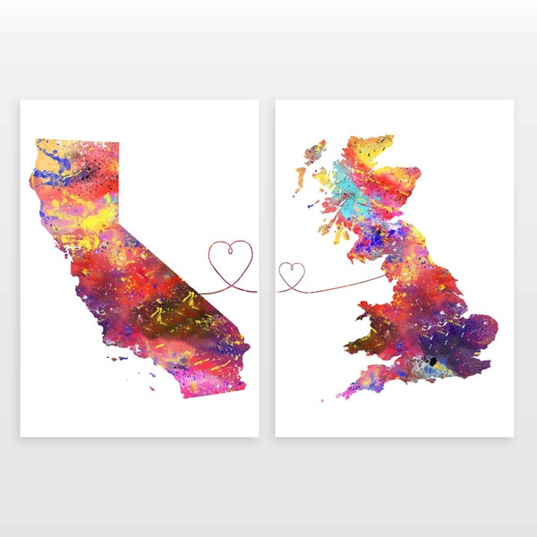 California to Britain - Set of 2 - Map Prints - Travel Art Posters - Available in 6 Colours