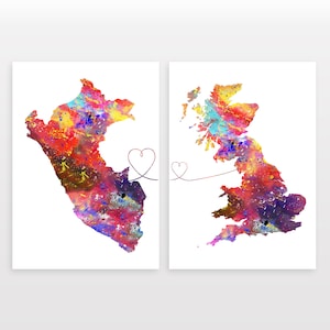Peru to Britain - Set of 2 - Map Prints - Travel Art Posters - Available in 6 Colours