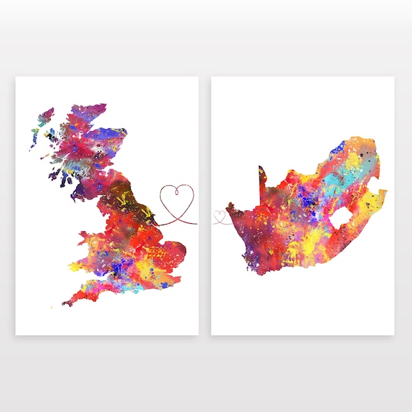 Britain to South Africa - Set of 2 - Map Prints - Travel Art Posters - Available in 6 Colours