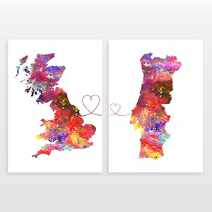 Britain to Portugal - Set of 2 - Map Prints - Travel Art Posters - Available in 6 Colours