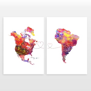 North America to South America - Set of 2 - Map Prints - Travel Art Posters - Available in 4 Colours