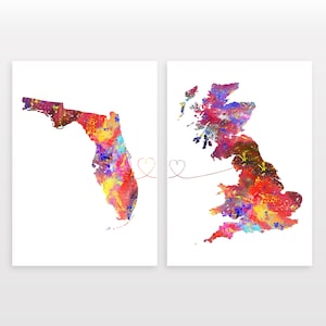 Florida to Britain - Set of 2 - Map Prints - Travel Art Posters - Available in 6 Colours