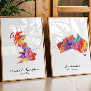 Set of two personalized travel prints - Any two countries - Heart poster - Available in 9 Colours