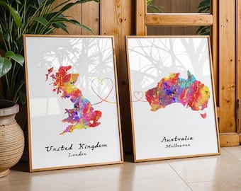 Set of two personalized travel prints - Any two countries - Heart poster - Available in 9 Colours