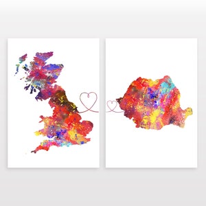Britain to Romania - Set of 2 - Map Prints - Travel Art Posters - Available in 6 Colours