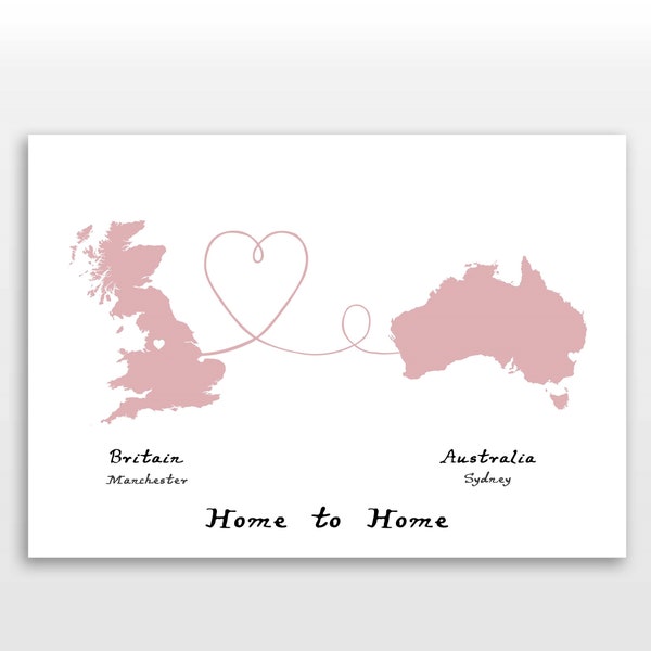 Impression de carte personnalisée - Deux pays - Illustration de carte personnalisée - Disponible en 12 couleurs