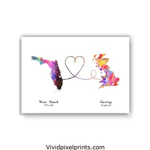Vero Beach, Florida naar Surrey, Engeland - Reisposter - Aquarelafdruk