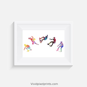 May include: A watercolor painting of five skateboarders in mid-air, performing tricks. The painting is done in a vibrant rainbow of colors.