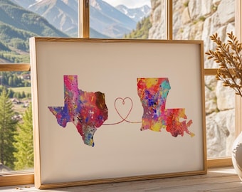 Texas & Louisiana Watercolour Map Print – Long Distance Gift