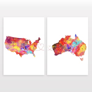 The United States to Australia - Set of 2 - Map Prints - Travel Art Posters - Available in 6 Colours