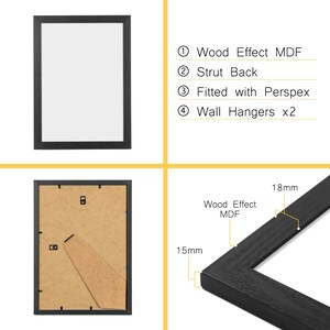 Op de afbeelding: Zwarte rechthoekige fotolijst met een witte binnenkant. Kenmerken zijn een MDF-frame met houteffect, een spantrug, een Perspex voorkant en twee wandhangers. Het frame is 1,5 cm dik en 1,8 cm breed.