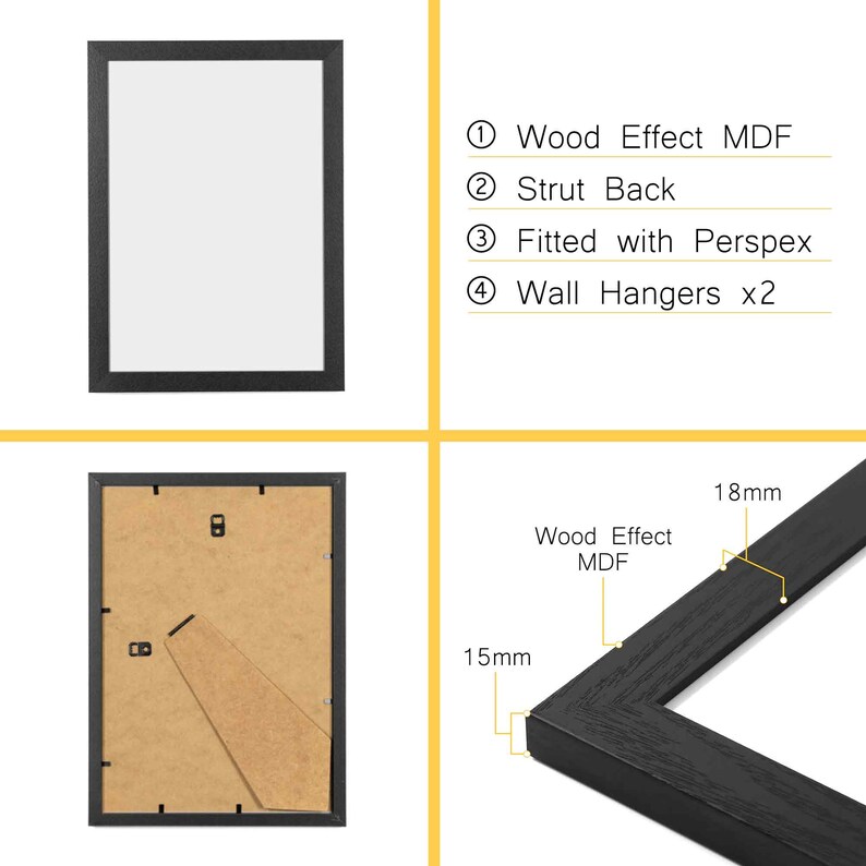 Op de afbeelding: Zwarte rechthoekige fotolijst met een witte binnenkant. Kenmerken zijn een MDF-frame met houteffect, een spantrug, een Perspex voorkant en twee wandhangers. Het frame is 1,5 cm dik en 1,8 cm breed.