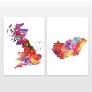 Britain to Hungary - Set of 2 - Map Prints - Travel Art Posters - Available in 6 Colours