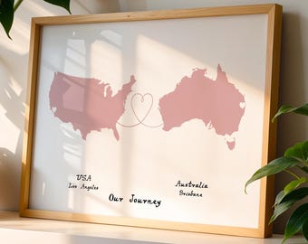 Personalised Map Print - Any two countries - Custom Map Art - Available in 12 Colours