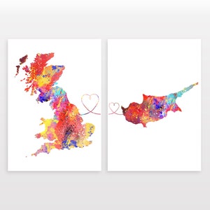 Britain to Cyprus - Set of 2 - Map Prints - Travel Art Posters - Available in 6 Colours