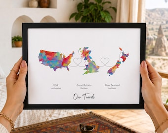 Personalised Map Print with linked locations | Custom Travel Adventures Map Print | Personalised Travel Art for Couples | Anniversary Print