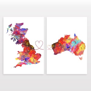 Britain to Australia - Set of 2 - Map Prints - Travel Art Posters - Available in 6 Colours