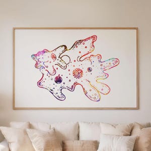 May include: A framed watercolor print of an amoeba cell. The artwork features a colorful, abstract representation of the cell with shades of red, purple, yellow, and blue. The amoeba shape is outlined in dark brown, and the print is set in a light brown wooden frame.