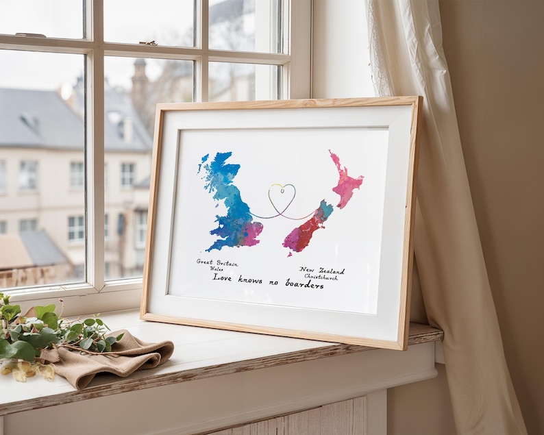 Personalised Map Print - Any two countries - Custom Map Art - Available in 9 Colours Watermelon