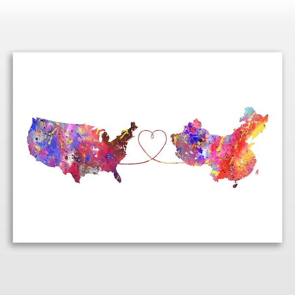 United States of America to China - Travel - Watercolour print