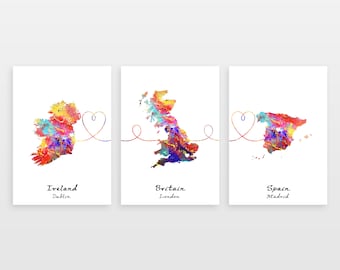 Personalised Map Print - Any three countries - Custom Map Art - Available in 9 Colours