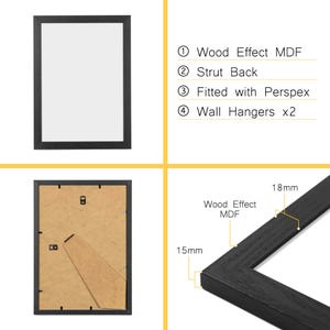 May include: Black rectangular picture frame with a white interior. Features include a wood effect MDF frame, strut back, Perspex front, and two wall hangers. The frame is 15mm thick and 18mm wide.