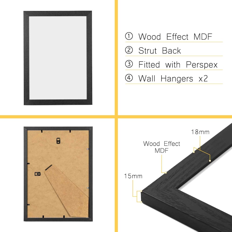 May include: Black rectangular picture frame with a white interior. Features include a wood effect MDF frame, strut back, Perspex front, and two wall hangers. The frame is 15mm thick and 18mm wide.
