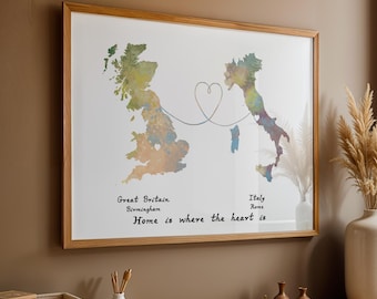 Personalised Map Print - Any two countries - Custom Map Art - Available in 9 Colours