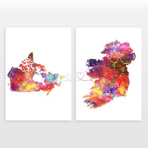 Canada to Ireland - Set of 2 - Map Prints - Travel Art Posters - Available in 6 Colours