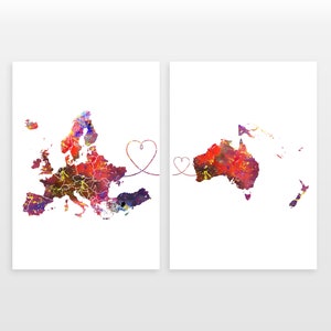 Europe to Oceania - Set of 2 - Map Prints - Travel Art Posters - Available in 4 Colours