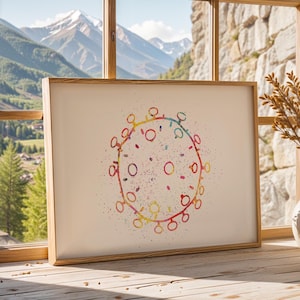 May include: A framed rectangular print featuring a colorful, abstract watercolor illustration of a circular, virus-like structure with radiating ring-shaped protrusions, rendered in vibrant hues of red, yellow, blue, and green against a white background.
