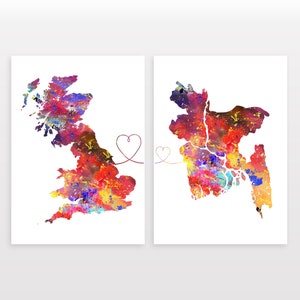 Britain to Bangladesh - Set of 2 - Map Prints - Travel Art Posters - Available in 6 Colours