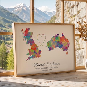 Personalised Map Print - Select two countries - Customisable Map Art - Perfect Travel Gift - Available in 6 Colours