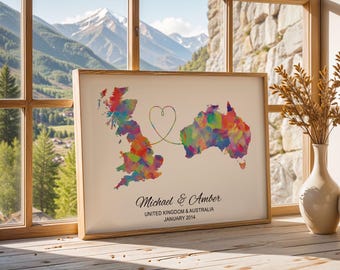 Personalised Map Print - Select two countries - Customisable Map Art - Perfect Travel Gift - Available in 6 Colours