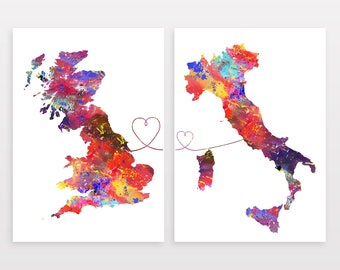 Britain to Italy - Set of 2 - Map Prints - Travel Art Posters - Available in 6 Colours