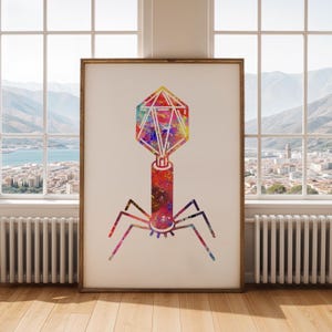 May include: A framed watercolor print featuring a colorful, abstract illustration of a bacteriophage. The artwork showcases a geometric head, a cylindrical body, and spider-like legs, all rendered in vibrant hues of red, blue, yellow, and purple.