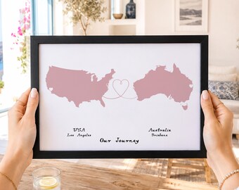 Personalised Map Print - Any two countries - Custom Map Art - Available in 12 Colours