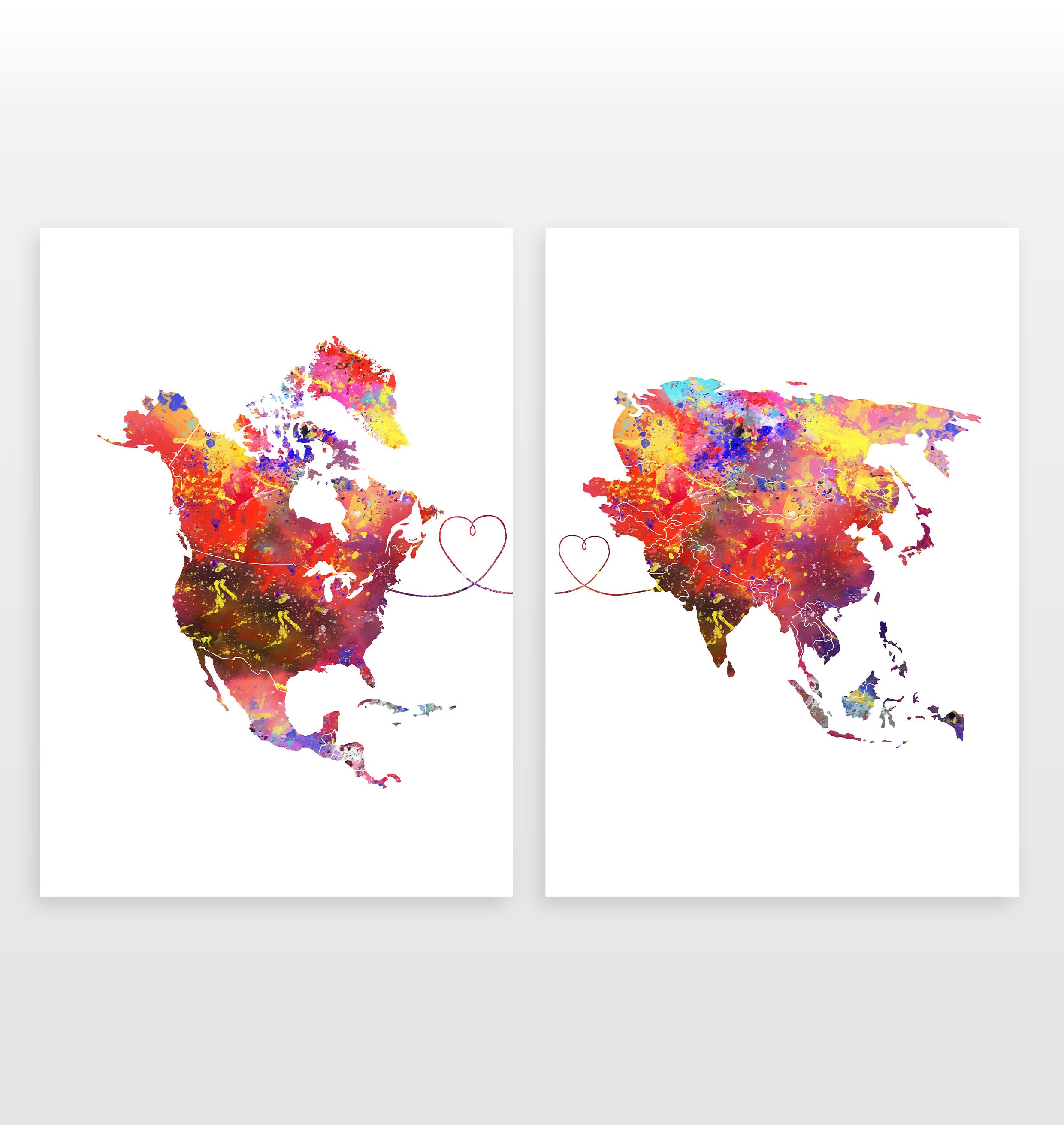 North America to Asia - Set of 2 - Map Prints - Travel Art Posters - Available in 4 Colours