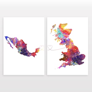 Mexico to Britain - Set of 2 - Map Prints - Travel Art Posters - Available in 6 Colours