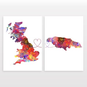 Britain to Jamaica - Set of 2 - Map Prints - Travel Art Posters - Available in 6 Colours