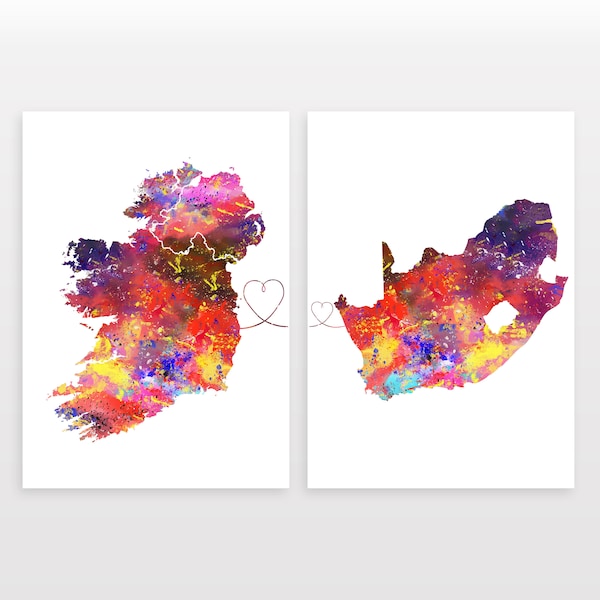 Ireland to South Africa - Set of 2 - Map Prints - Travel Art Posters - Available in 6 Colours