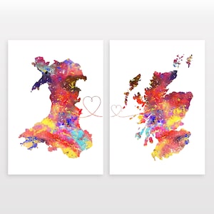 Wales to Scotland - Set of 2 - Map Prints - Travel Art Posters - Available in 6 Colours