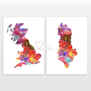 Britain to Albania - Set of 2 - Map Prints - Travel Art Posters - Available in 6 Colours