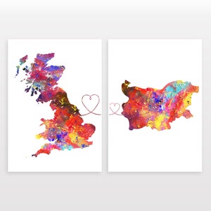 Britain to Bulgaria - Set of 2 - Map Prints - Travel Art Posters - Available in 6 Colours